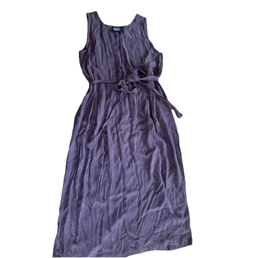 Vintage 90s Eileen Fisher New York Midi Dress Purple Tie Minimalist Crinkle
